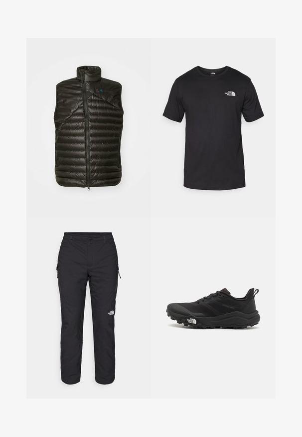Musta eristetty liivi, jossa on korkea kaulus, vetoketjusuljenta ja vaakasuuntainen tikkauskuvio. Kuvassa on tekstuuripinta ja kontrastivärinen sininen logo.; Mustat lyhythihaiset t-paidat, jotka on valmistettu puuvillasta. paidassa on pyöreä pääntie ja pieni valkoinen logo vasemmassa ylärintataskussa.; The North Face WINTER EXPLORATION TAPERED CARGO - Ulkohousut - black; Musta maastojuoksukengät, joissa on teksturoitu päällinen, kumipohja ja vahvistettu varvastoppia. Varusteena pehmustettu nilkkakappale ja vetotappi helppoa pukemista varten.