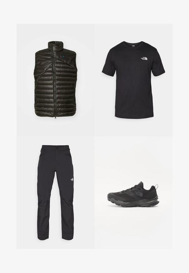 Zwarte geïsoleerde vest met een hoge kraag, ritssluiting en horizontaal doorgestikte patroon. Heeft een textuurafwerking en een contrasterend blauw logo.; Zwarte T-shirt met korte mouwen van katoen, voorzien van een ronde halslijn en een klein wit logo op de bovenste linkerkant van de borst.; Zwarte outdoor broek met een ritssluiting voorzak, synthetisch materiaal, taps toelopende benen en versterkte kniestukken. Voorzien van een knoopsluiting.; Zwarte sportieve sneaker met een bovenkant van mesh, rubberen zool en een zachte kraag. Voorzien van veters, een logo op de zijkant en een gestructureerd ontwerp.