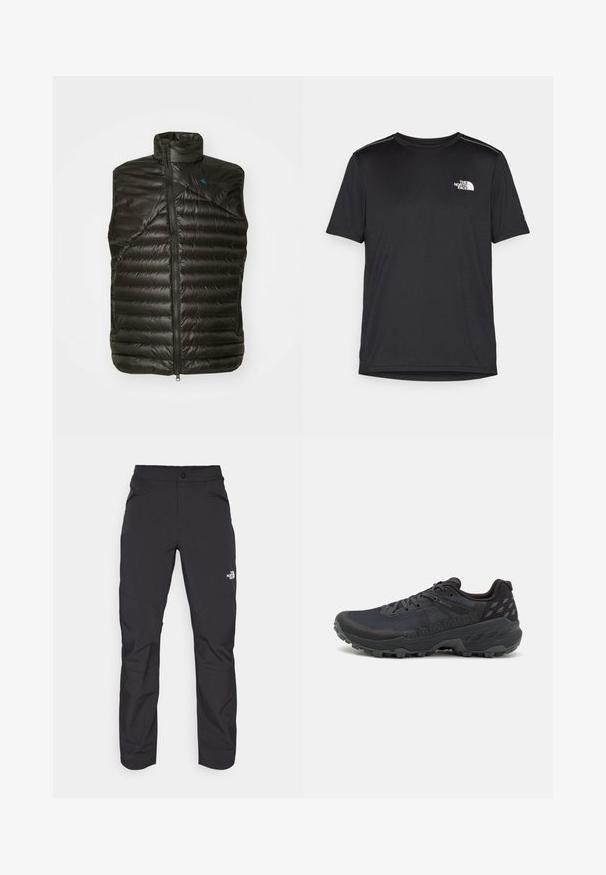 Black insulated vest with a high collar, zip closure, and horizontal quilted pattern. Features a textured finish and contrasting blue logo.; Black short-sleeve T-shirt made from lightweight fabric. Features a small white logo on the left chest and subtle shoulder accents.; Black outdoor pants with a zippered front pocket, synthetic material, tapered legs, and reinforced knee panels. Features a button closure.; Black trail running shoes with a textured mesh upper and rubber outsole; features include laces, a padded collar, and logo detailing.