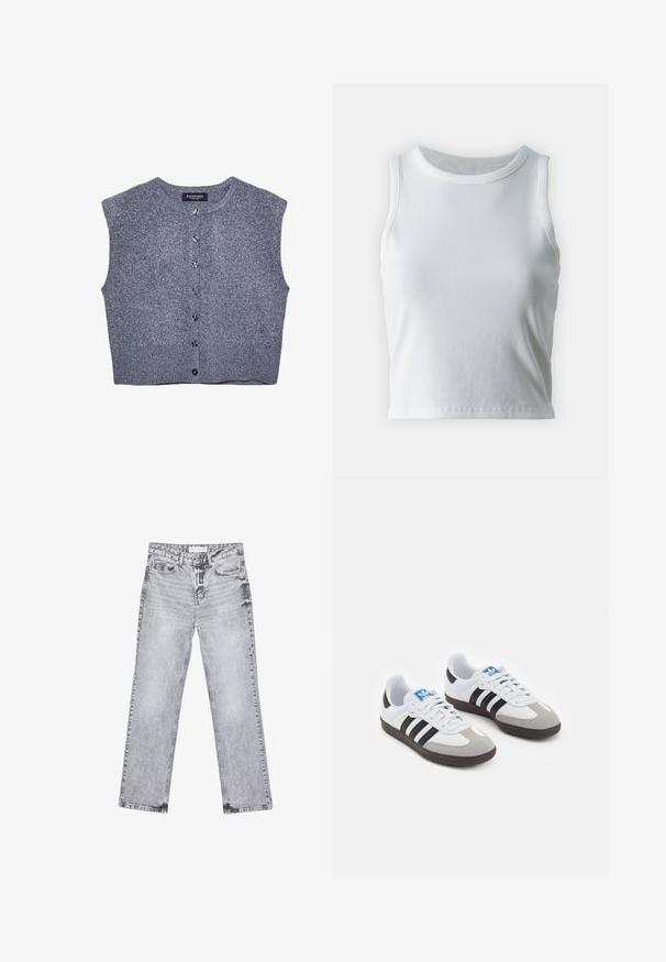 Šedá pletená vesta s kulatým výstřihem, bez rukávů a předním zapínáním na knoflíky. Má vroubkovaný lem a hladkou strukturu.; Bílý žebrovaný tílko s kulatým výstřihem a bezramínkovým designem, s rovnými lemy a hladkou, elastickou strukturou.; Šedé džíny z denimu se střihy rovnými nohavicemi, s poškozenou úpravou, pěti kapsami a měděnými nýtky. Pasová část obsahuje logo štítek.; Sportovní boty s bílým koženým svrškem, šedou semišovou špičkou a třemi černými pruhy. Obsahují modré logo na jazyku a texturovanou gumovou podrážku.