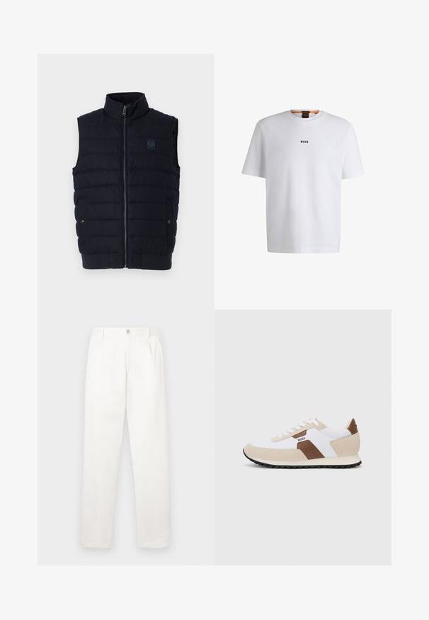 Navy blue siuvinėta be rankovių liemenė su stovinčiu apykakle, priekiu užtrauktuku, dviem snap-button kišenėmis ir maža krūtine logo ant džiovintuvo.; Balta medvilninė marškinėliai trumpomis rankovėmis, su juodu "BOSS" logotipu, centruotu ant krūtinės, ir apvaliu kaklo dizainu.; Balti kelni, pagaminti iš lygaus audinio, turi tiesią kojos konstrukciją, priekinę klostę ir vieną mygtuką juosmens srityje.; Batai sportiniai, pagaminti iš baltos tinklinės medžiagos ir kreminės zomšos, su rudos odos akcentu. Apvali noselė, plokščias gumos padas ir raištelių užsegimas.