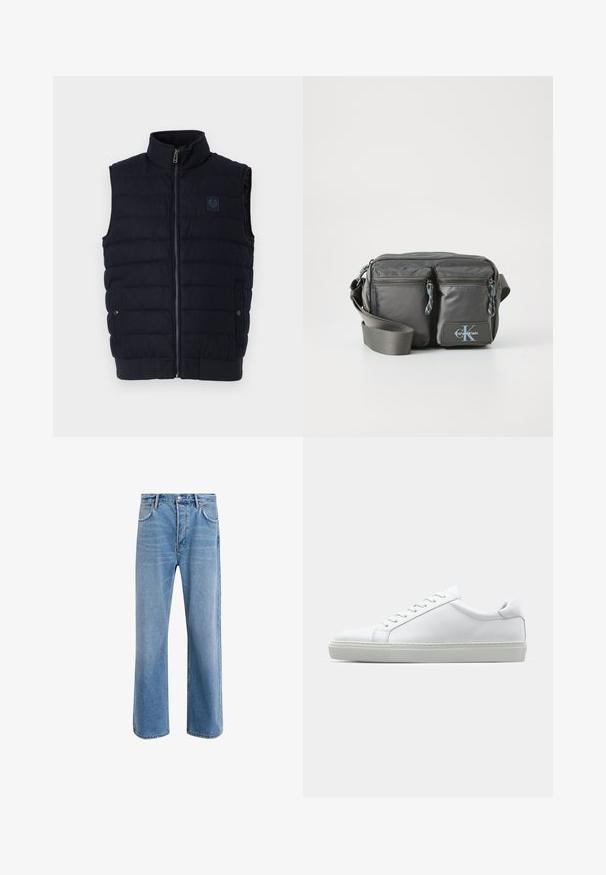 Tamno plavi ušiveni prsluk bez rukava s stojećim kragnom, prednjim patentnim zatvaračem, dva džepa na dugme i malim logotipom na prsima.; Duga rukava, majica s lažnim ovratnikom u svijetloj kremasto bijeloj boji od pamuka. Glatka tekstura, opušteni kroj, minimalistički dizajn, bez vidljivih uzoraka ili naglasaka.; Svijetloplave traperice s ravnim nogavicama, pet džepova, zatvaranjem na gumb, minimalnim izbljeđivanjem i kontrastnim šavovima.; Bijela tenisica s glatkim kožnim gornjim dijelom i niskim profilom. Ima zaobljen vrh, šest rupica za vezanje i teksturiranu gumenu podlogu.; Sivi najlonski torbica preko tijela s dva zip zatvarača sprijeda, podesivim remenom i logotipom. Glatka tekstura s modernim dizajnom.