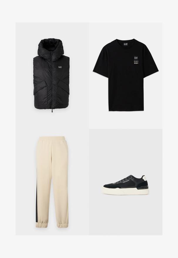 EA7 Emporio Armani REVERSIBLE - Liemenė - black; Juoda medvilnė t-shirt su trumpomis rankovėmis, apvalia iškirpte ir maža logotipo etiketė priekyje su baltomis priežiūros simbolių pictogramomis.; Kremo spalvos sportinės kelnės su juodomis šoninėmis juostelėmis, elastingu juosmeniu ir ribotu rankogaliu. Minkšta medžiaga, laisvas siluetas.; Juodos sportinės bateliai, pagaminti iš tinklinės medžiagos ir odos, su storu baltu padu ir kontrastingais akcentais. Raišteliai ir logotipo detalės šone.