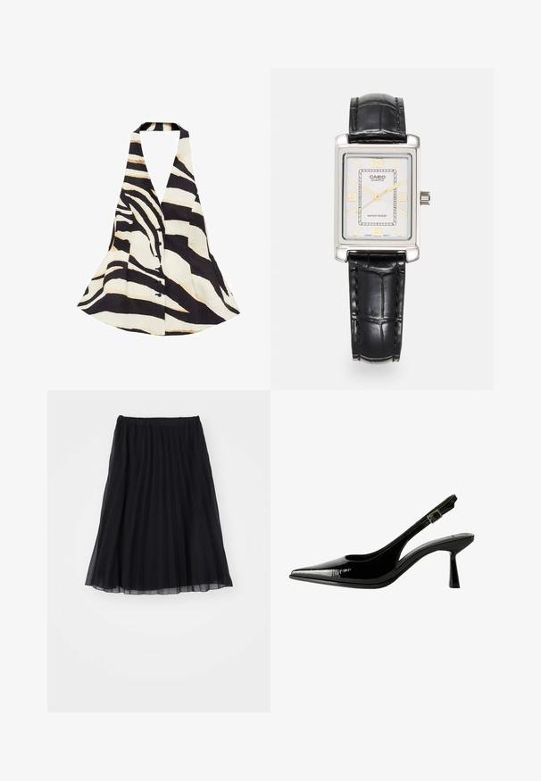 Top na halter z czarno-kremowym wzorem w paski zebry, o rozkloszowanym kroju i zapięciu na guziki z przodu. Materiał ma miękką teksturę.; Biała dopasowana bluzka z asymetrycznym dekoltem i skręconym detalem na ramieniu. Gładki materiał z delikatnym marszczeniem na boku.; Czarna plisowana spódnica wykonana z przezroczystego materiału, z elastycznym paskiem w talii. Luźny krój sięga do połowy łydki, eksponując pionowe fałdy.; Czarne lakierowane pantofle na obcasie typu slingback z ostrym noskiem, wyciętymi bokami, regulowanym paskiem na kostce i cienkim, smukłym obcasem.; Prostokątny zegarek kwarcowy Casio z srebrną tarczą, złotymi akcentami, czarnym paskiem ze skóry ekologicznej w wytłoczonym wzorze krokodylej skóry oraz funkcją wodoszczelności.