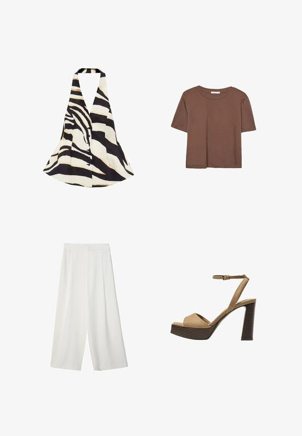 Top s halter izrezom koji sadrži crno-bijeli uzorak zebra pruga, s lepršavim dizajnom i prednjim dugmadi. Tkanina ima meku teksturu.; Smeđi kratki rukav majica od mekog materijala, s okruglim izrezom i opuštenim krojem. Nema vidljivih uzoraka ili naglasaka.; Bijele široke skraćene hlače od glatkog materijala, s ravnim prednjim dijelom i bez vidljivih kopčanja ili džepova.; Beige suedirane sandale s visokim potpeticama, širokom prednjom trakom i trakicom oko gležnja, s debelom drvenom blok-potpeticom s teksturiranim završetkom.