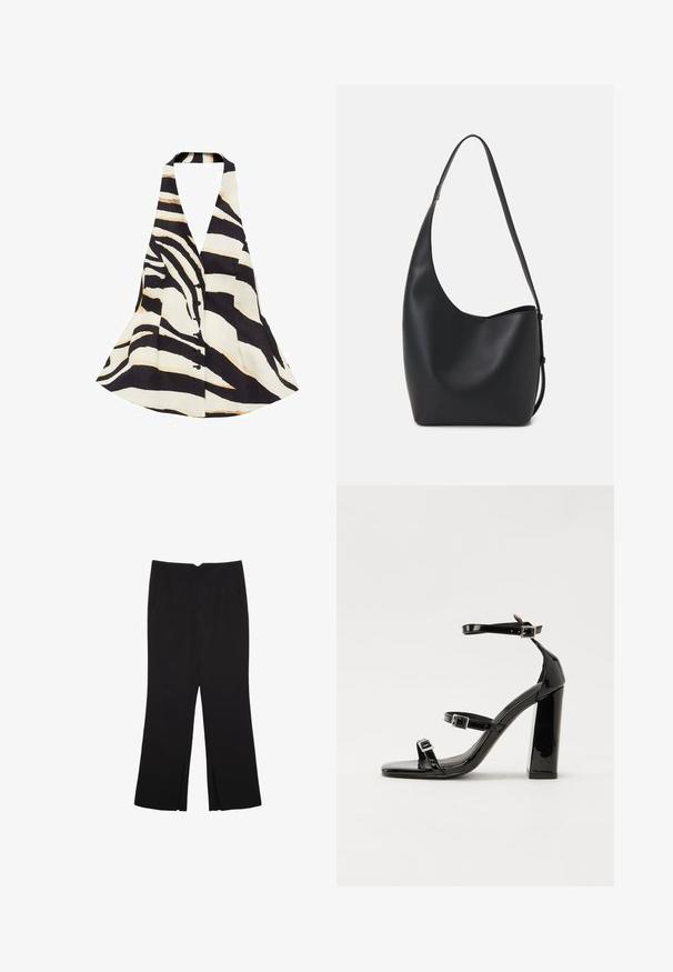 Top na halter z czarno-kremowym wzorem w paski zebry, o rozkloszowanym kroju i zapięciu na guziki z przodu. Materiał ma miękką teksturę.; Czarny krótki top z długim rękawem, okrągłym dekoltem, gładkim wzorem i lekko zaokrąglonym dołem.; Czarne spodnie o prostym kroju, z przednimi kieszeniami i bocznymi rozcięciami na dole. Wykonane z miękkiego, gładkiego materiału. Odpowiednie na różne okazje.; Czarne lakierowane sandały na obcasie z kwadratowym noskiem, z paskami wokół kostki i srebrnymi klamrami. Posiadają masywny słupek dla stabilności.; Czarna skórzana torba hobo o gładkiej fakturze, zaokrąglonym kształcie i pojedynczym, regulowanym pasku; posiada szerokie otwarcie na górze.