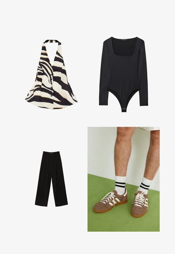 Top na halter z czarno-kremowym wzorem w paski zebry, o rozkloszowanym kroju i zapięciu na guziki z przodu. Materiał ma miękką teksturę.; Czarny body z długimi rękawami, o kwadratowym dekolcie i zapięciu na zatrzaski w okolicy krocza, leży płasko na białym tle.; Czarne szerokie spodnie o wysokim stanie, z paskiem w talii i fałdami dla uzyskania faktury. Wykonane z gładkiego, lekkiego materiału.; Brązowe zamszowe sneakersy z białymi akcentami i sznurówkami. Gumowa, brązowa podeszwa. Noszone z białymi skarpetkami w czarne paski. Zielona teksturowana podłoga.