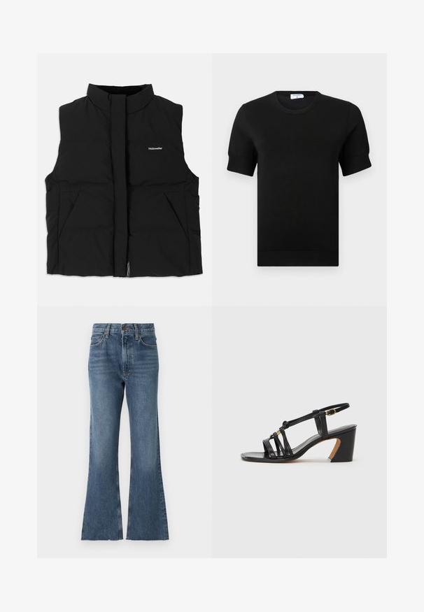 Must negra, kõrge kraega, esisepp, kahe küljetaskuga ja õrn logo rinnal. Sile tekstuur, soe disain.; Mustast lühikeste varrukatega kootud top ümmarguse kaelusega. Varrukatel ja äärel on peen sooniline muster ning toode on valmistatud pehmest kangast.; Keskmise sinise pesu ja kõrge vöökohaga teksapüksid, millel on traditsiooniline viie tasku stiil ja kulunud serv all.; Paul Smith AMIRA - Klassikalised kontsakingad - black
