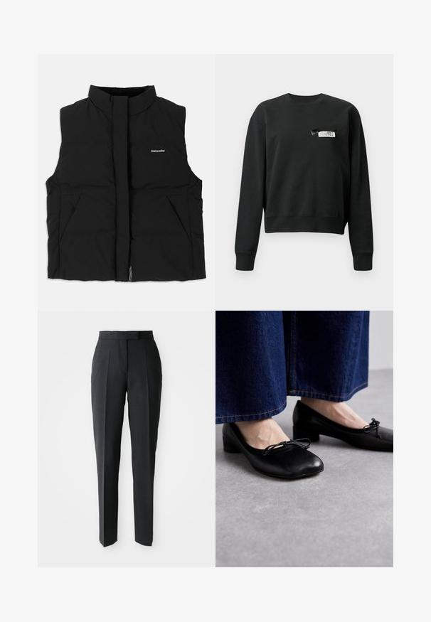 Vesta pufăneagră cu guler înalt, închidere frontală cu fermoar, două buzunare laterale și un logo subtil pe piept. Textură netedă, design călduros.; Hanorac negru cu mâneci lungi, tip crewneck, cu un mic etichetă alb-negru coaptă aproape de zona stângă a pieptului.; Pantaloni negri drepți, croiți, cu talie înaltă și pliseuri frontale, expuși pe un fundal deschis și simplu.; Pantofi din piele neagră cu vârf pătrat și toc mic, având o fundiță decorativă în față. Purtați cu pantaloni din denim închis la culoare.