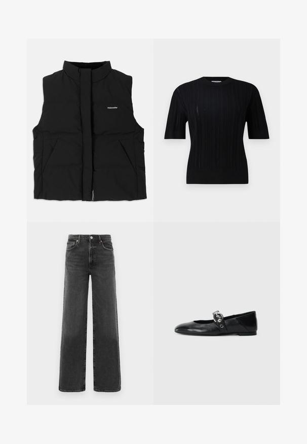 Sort puffer vest med høj krave, front lynlås lukning, to sidelommer og subtilt logo på brystet. Glat tekstur, varm design.; Filippa K BRAID - Striktrøje - black;  Sorte højtaljede lige ben denimjeans med frontknap og lynlås, to frontlommer og to baglommer.; Sorte læder balletflade med spids tå, udstyret med en rem med en cirkulær metallisk spænde og en flad sål.