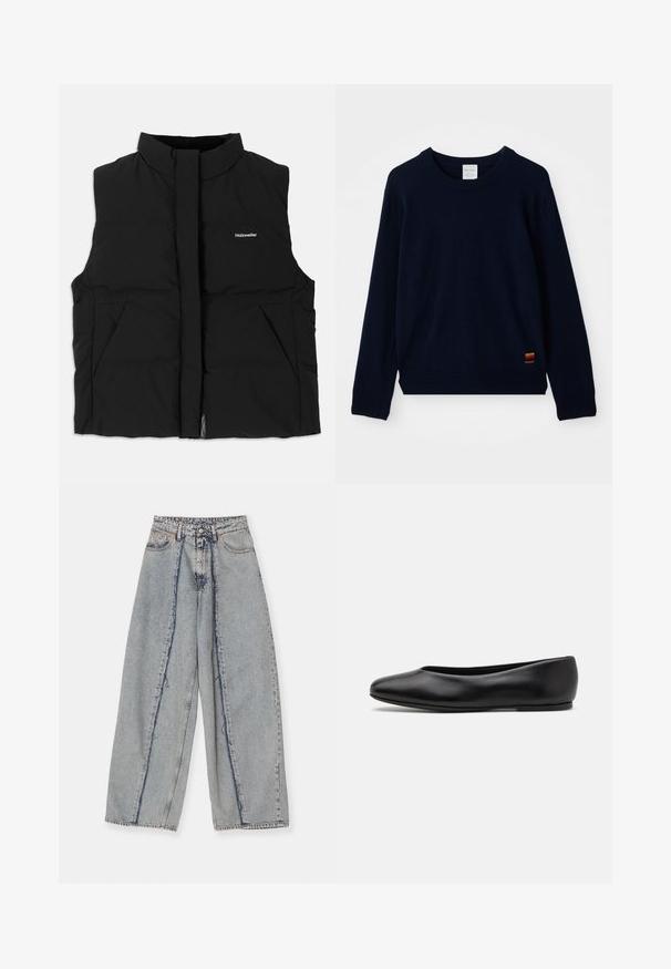 Zwarte gewatteerde vest met hoge kraag, vooraan met rits, twee zijzakken en een subtiel logo op de borst. Gladde textuur, warm ontwerp.; Marineblauwe langarm crewneck sweater met geribde manchetten en zoom, voorzien van een klein patch met meerkleurige strepen nabij de onderkant.; Lichtblauwe wijde jeans met rafelige randen, een hoge taille en contrasterende naden. Gemaakt van denim, met een ontspannen pasvorm en minimale slijtage.; Paul Smith TOPANGA - Ballerina's - black