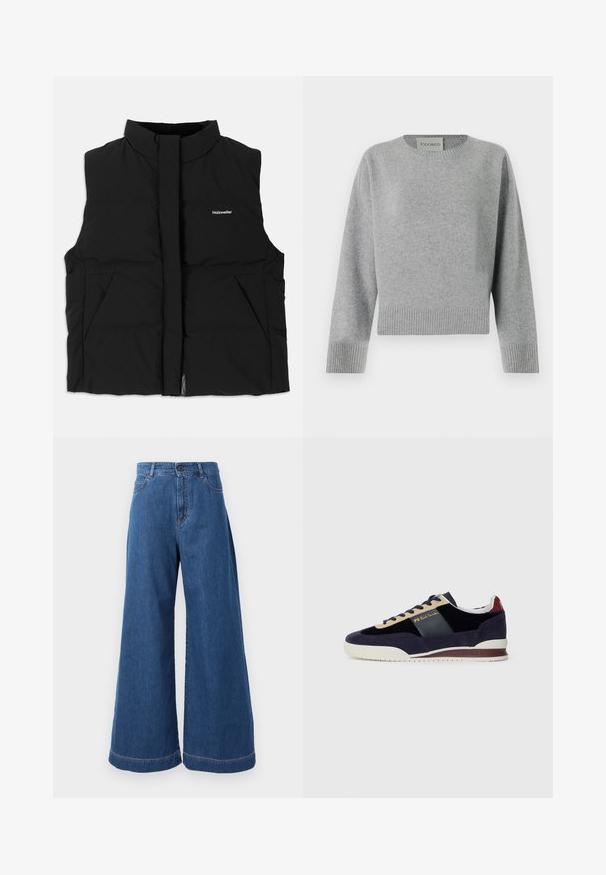 Svart dunvest med høy krage, glidelås foran, to sidelommer og subtil logo på brystet. Glatt tekstur, varm design.; CLOSED CREW NECK WIDE SLEEVE - Strikkegenser - light grey; Viddejeans i middels blå denim med høy midje, frontlommer og kontrastsøm langs sømmene og kantene.; Marineblå søm sko med beige og mørkeblå detaljer. Har en hvit gummisåle og gullmerke på siden. Klassisk atletisk design.