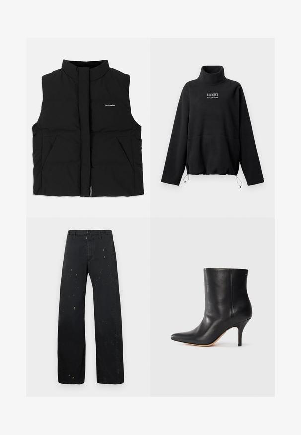 Schwarze Steppweste mit hohem Kragen, frontalem Reißverschluss, zwei seitlichen Taschen und subtiler Logo-Platzierung auf der Brust. Glatte Textur, warmes Design.; Schwarzer Fleece-Pullover mit hohem Kragen, langen Ärmeln, verstellbaren Saumkordeln und weißer Zahlen- sowie Markenlogo-Druck auf der Brust.; MM6 Maison Margiela PANTS - Jeans Relaxed Fit - black; Schwarze Leder-Ankle Boots mit spitzem Zeh, schlankem Stiletto-Absatz und glatter Textur. Minimalistisches Design ohne sichtbare Beschläge oder Akzente.