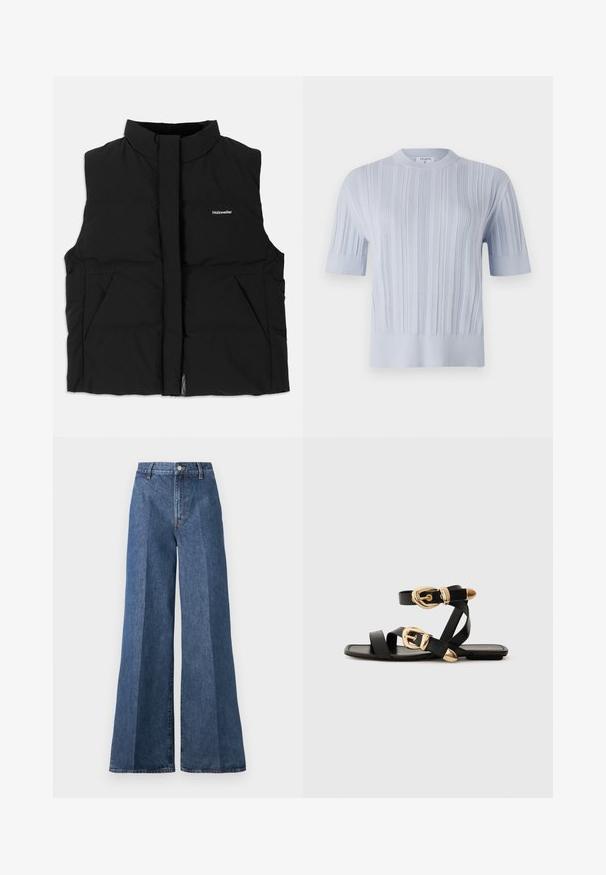Gilet matelassé noir avec col haut, fermeture éclair sur le devant, deux poches latérales et logo discret sur la poitrine. Texture lisse, design chaud.; T-shirt tricot à manches courtes de couleur bleu clair, présentant une texture en côtes verticales et un col rond. Le tissu révèle des détails subtils avec une finition ajustée.; Jean en denim bleu à jambe large et taille haute, avec une coupe classique à cinq poches et une fermeture à bouton, fabriqué en tissu en coton texturé.; Sandales en cuir noir avec des accents de boucles dorées, présentant plusieurs brides et un design de semelle plate pour un port ouvert.