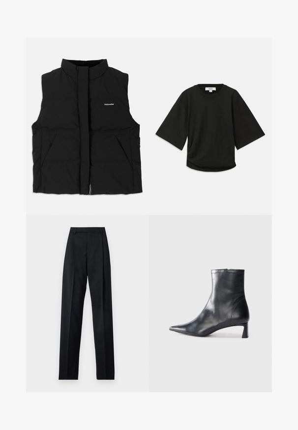 Svart puffväst med hög krage, framficksdragkedja, två sidofickor och en diskret logotyp på bröstet. Slät struktur, varm design.; Svart kortärmad t-shirt i mjuk bomull, med rund halsringning och en avslappnad passform samt en diskret rynkad detalj på sidan.; Svarta byxor i mjukt tyg med hög midja, vida ben, framfickor och klassiska bältesöglor. Inga sidofickor synliga.; Svart läder ankelboot med spetsig tå och en smidig design. Har en låg klack och en dragkedjestängning bak. Slät textur.