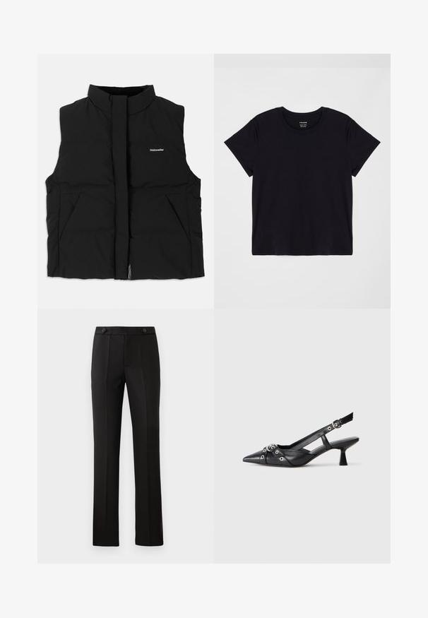 Chaleco acolchado negro con cuello alto, cierre de cremallera frontal, dos bolsillos laterales y un logo sutil en el pecho. Textura suave, diseño cálido.; Camiseta de manga corta negra, hecha de algodón suave. Diseño clásico con cuello redondo y superficie simple y sin adornos, con un corte relajado.; Pantalones negros ajustados con pierna recta, dos bolsillos delanteros, cierre de botón y detalles de pliegues en la parte delantera. Textura de tela suave.; Zapato de slingback negro de piel con punta afilada, correas decorativas con ojales de metal y un tacón bajo y ancho. Superficie texturizada.