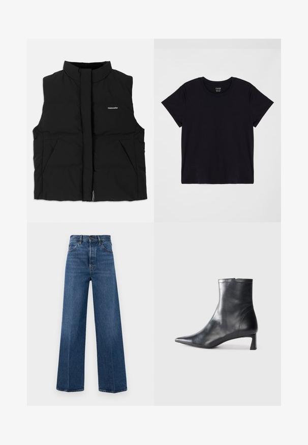 Gilet puffer nero con alto collo, chiusura frontale con zip, due tasche laterali e logo discreto sul petto. Texture liscia, design caldo.; T-shirt nera a maniche corte in cotone morbido. Design classico con colletto tondo e superficie semplice e senza fronzoli, con una vestibilità comoda.; Jeans blu a gamba larga in denim con vita alta, tasche frontali e cuciture a contrasto. Il tessuto ha una consistenza liscia.; Stivaletto in pelle nera con punta affusolata e design elegante. Presenta un tacco basso e una chiusura con zip sul retro. Texture liscia.