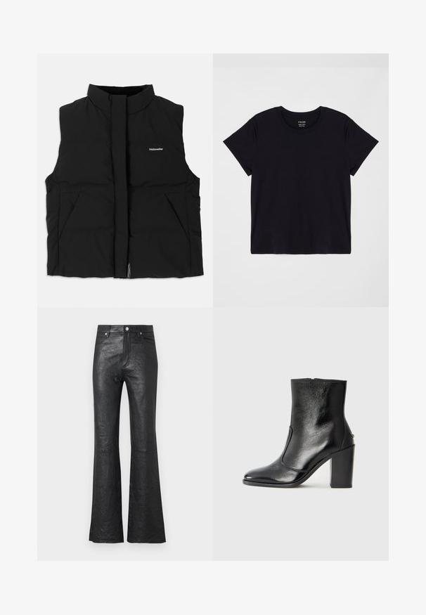 Schwarze Steppweste mit hohem Kragen, frontalem Reißverschluss, zwei seitlichen Taschen und subtiler Logo-Platzierung auf der Brust. Glatte Textur, warmes Design.; Schwarzes Kurzarm-T-Shirt aus weicher Baumwolle. Klassisches Rundhalsausschnitt-Design mit einer einfachen, ungeschmückten Oberfläche und einem lockeren Schnitt.; Schwarze, ausgestellte Lederhosen mit knitteriger Textur, hoher Taille, Fronttaschen sowie einem klassischen Knopfverschluss mit Reißverschluss.; Schwarze Leder-Stiefelette mit glatter Textur, spitzem Fuß und klobigem hohen Absatz. Verfügt über eine seitliche Öffnung und ein minimalistisches Design.