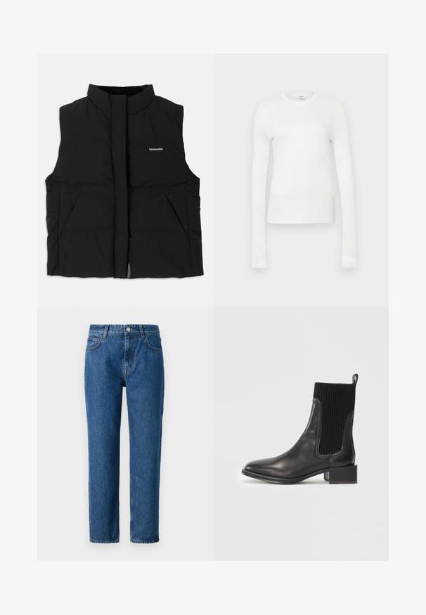Black puffer vest with high collar, front zip closure, two side pockets, and subtle logo on the chest. Smooth texture, warm design.; White long-sleeve t-shirt made of soft cotton. Features a round neckline, fitted silhouette, and smooth texture. No patterns or accents.; Blue denim jeans with a straight-leg cut, featuring a button closure, belt loops, and front pockets. Made from textured cotton fabric.; Black leather ankle boot with ribbed black elastic panel, square toe, and low block heel. Smooth texture with minimal stitching details.