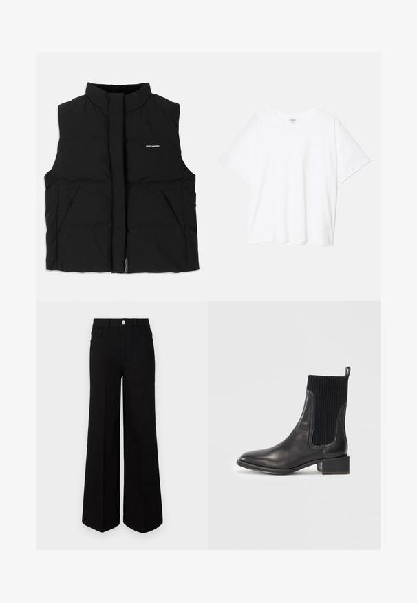 Melnā pūkaina veste ar augstu apkakli, priekšējo rāvējslēdzēju, divām sānu kabatām un smalko logotipu uz krūtīm. Gluda tekstūra, silts dizains.; Balta kokvilnas T-krekls ar īsām piedurknēm, apaļu dekoltē, brīva piegriezuma un šūtu apakšmalu. Etiķete redzama iekšējā kakla daļā.; Melna plaša kāju džinsi, izgatavoti no izturīga auduma, ar augstu jostasvietu, priekšējām kabatām un priekšējo pogu aizdari. Džinsu apakšā ir taisns apmale.; Melnas ādas potīšu zābaki ar ribotu melnu elastīgu paneli, kvadrātveida purngaliem un zemu bloku papēdi. Gluda tekstūra ar minimāliem šuvju elementiem.