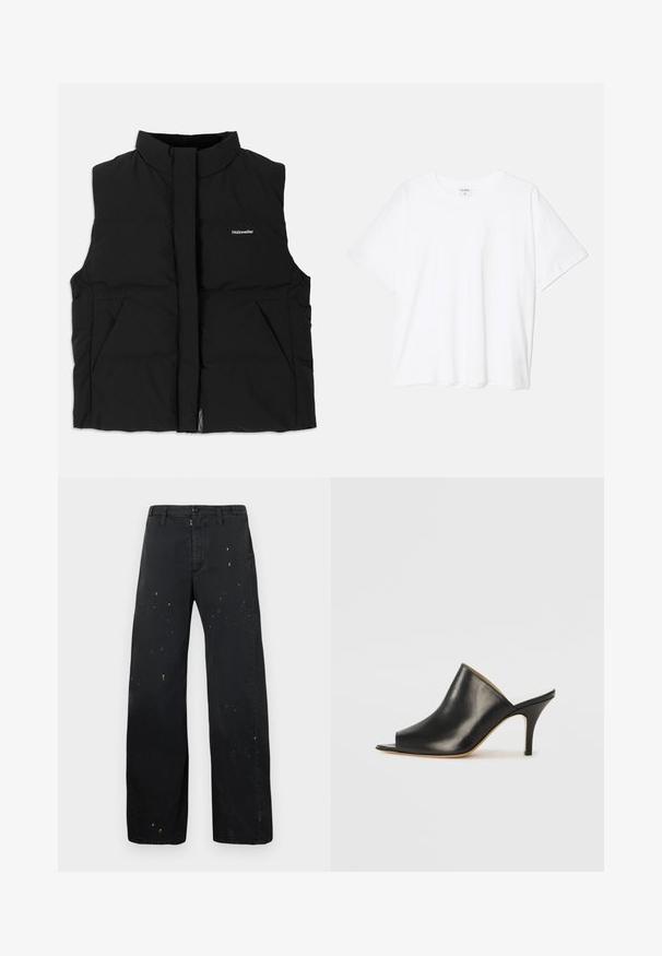 Fekete puffervállú mellény magas gallérral, elöl cipzárral, két oldalsó zsebbel és diszkrét logóval a mellen. Simább textúra, meleg kialakítás.; Fehér pamut póló rövid ujjal, kerek nyakkivágással, laza fazonnal és varrott szegéllyel. Címke látható a belső nyakrészén.; MM6 Maison Margiela PANTS - Laza szabású farmerek - black; Fekete bőr, nyitott orrú mules cipő, elegáns, ívelt kialakítással, magas stiletto sarokkal és sima textúrával. A belső tér világos színű, kontrasztos.