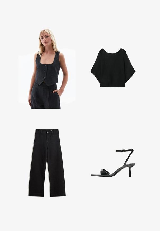 Mørkeblå cropped vest lavet af tekstureret stof, med en dyb kvadratisk halsudskæring, fire knapper og sidelommer med pinstripe mønster.; Sort strikket top med brede ærmer, en rund halsudskæring og en afslappet pasform. Stoffet har en ribbet tekstur, uden lukninger eller mønstre.; Sorte wide-leg denim bukser med høj talje, der har front- og baglommer, syede sømme og en knaplukning. Glat tekstur.; Bershka Højhælede sandaletter / Højhælede sandaler - black