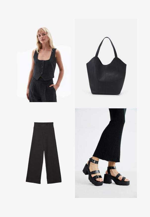 Mørkeblå cropped vest lavet af tekstureret stof, med en dyb kvadratisk halsudskæring, fire knapper og sidelommer med pinstripe mønster.; Sort bomulds T-shirt med korte ærmer, prydet med en lille pink sommerfugl grafik på venstre bryst. Rund hals design med en afslappet pasform.; Sorte brede bukser med høj elastisk talje, blødt stof og løs pasform, velegnede til afslappet tøj eller uformelle anledninger.; Sorte platfromsandaler med kraftige, skridsikre såler og flere stropper, der har metalspænder og en glat læderlignende tekstur.; Sort tote taske lavet af glat læder, med en buet, åben top, to skulderstropper og et minimalistisk design.