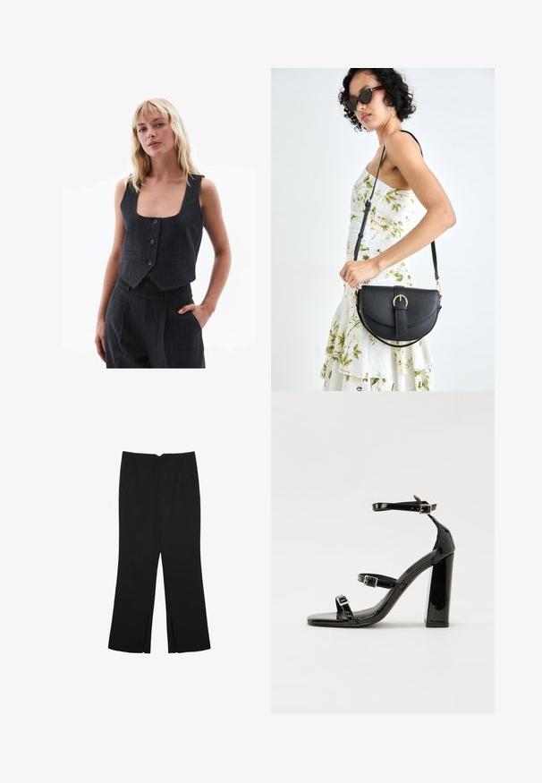 Mørkeblå cropped vest lavet af tekstureret stof, med en dyb kvadratisk halsudskæring, fire knapper og sidelommer med pinstripe mønster.; Sort langærmet cropped top med rund halsudskæring, ensfarvet design og let buet kant.; Sorte bukser med lige pasform, der har frontlommer og slidser i kanten. Lavet af blødt, glat stof. Velegnet til forskellige anledninger.; Sorte patenterede hælsandaler med firkantet tå, ankelremme og sølvspænder. Har en chunky blokHæl for stabilitet.; Sort læderhåndtaske med en buet form, aftagelig rem og guldfinish. Tasken har en klap med en spænde detalje.