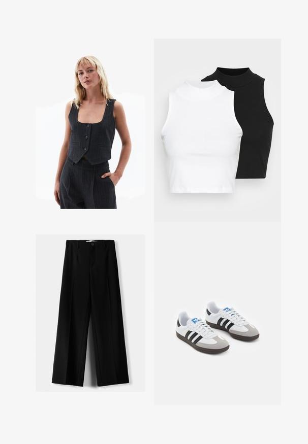 Ciemnoszara, krótka kamizelka z teksturowanej tkaniny, z głębokim kwadratowym dekoltem, czterema guzikami i kieszeniami bocznymi w prążki.; Dwa bezrękawnikowe golfy w kolorze czarnym i białym, charakteryzujące się dopasowanym fasonem i gładką teksturą, o skróconej długości.; Czarne spodnie szerokie, wykonane z lekkiego materiału, z zapięciem na guzik z przodu i gładkim przodem, z starannie wykończonymi brzegami.; Buty sportowe z białą skórzaną cholewką, szarym zamszowym noskiem i trzema czarnymi paskami. Posiadają niebieskie logo na języku oraz teksturowaną gumową podeszwę.