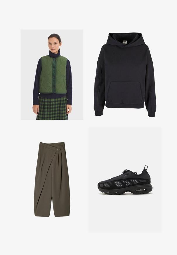 Gilet verde trapuntato con scollatura rotonda, chiusura frontale con bottoni e tasche laterali; indossato sopra un dolcevita blu e una gonna a quadri.; Felpa nera in cotone con una spaziosa tasca a marsupio, cappuccio ampio, polsini e orlo a coste. Design semplice, da infilare, senza motivi visibili.; Pantaloni larghi in tessuto verde oliva scuro, con un design frontale plissettato, chiusura con bottone e una superficie lucida e strutturata.; Scarpa da ginnastica nera con suola ammortizzata, tomaia in rete e dettagli testurizzati. Include un manico e un fermaglio circolare nella parte superiore.