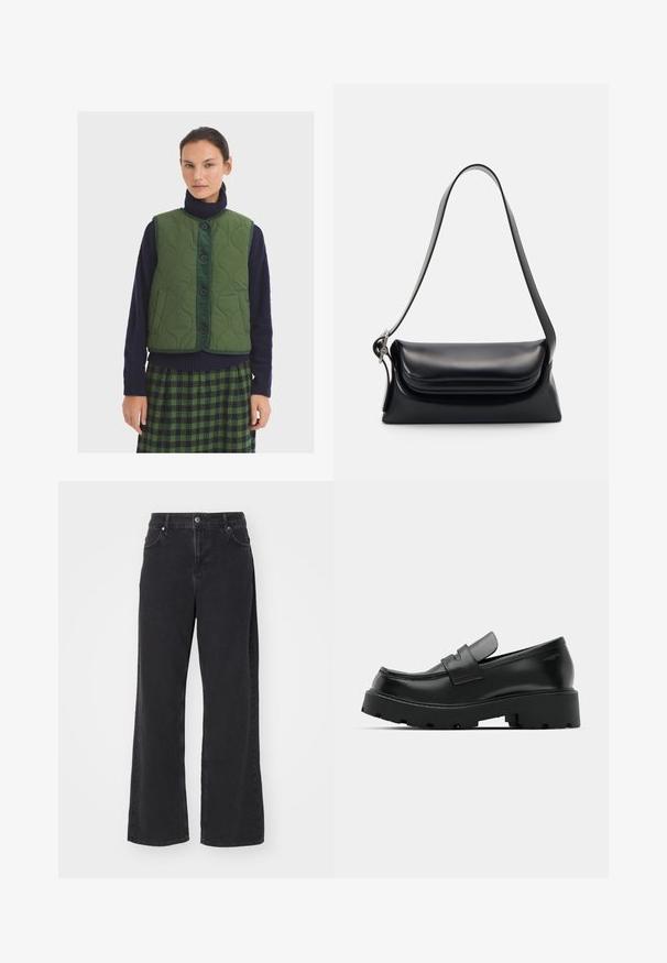 Gequiltede groene vest met ronde halslijn, sluiting met knopen aan de voorkant en zijzakken; gedragen over een marineblauwe coltrui en een geruite rok.; Zwarte katoenen t-shirts in een relaxte pasvorm, met korte mouwen en een ronde halslijn. Twee stuks weergegeven, met een zachte textuur.; Zwarte denim wijde pijpen jeans met een hoge taille, vijfzakkenontwerp en ritssluiting. Soepele textuur met minimale zichtbare stiksel details.; Zwarte leren instappers met een chunky, gestructureerde zool, voorzien van een band over de voet en een gladde, gepolijste afwerking.; Zwarte leren handtas met een gestructureerde vorm, een gladde textuur en een enkele schouderband. Heeft een subtiele, afgeronde klepontwerp.; Zilverkleurige Casio kwarts horloge met rechthoekige wijzerplaat, analoge en digitale displays, roestvrijstalen band en waterbestendige eigenschappen.