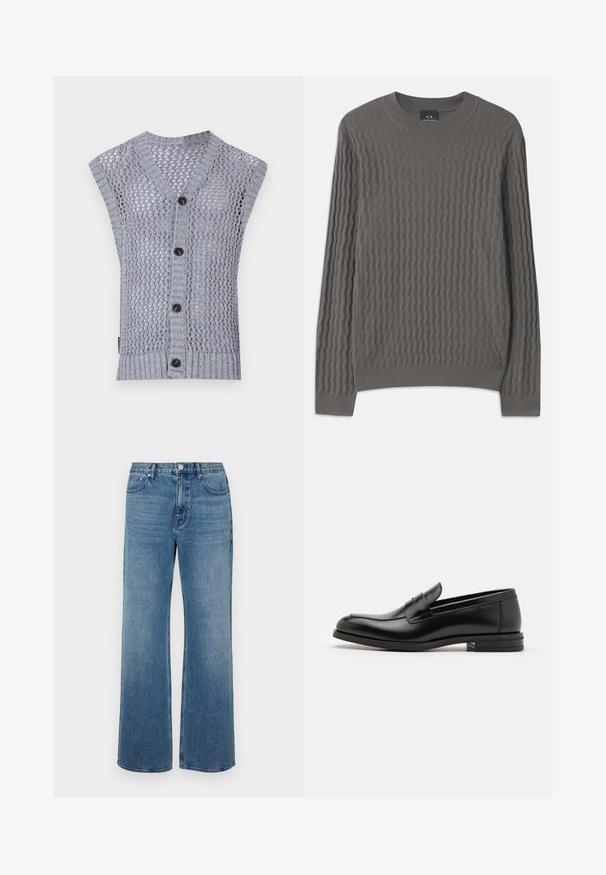 Svetlošedý pletený bezrukávový sveter s výstrihom do V, ktorý má štruktúrovaný vzor, ribbovaný lem a päť tmavých gombíkov.; Armani Exchange Svetrík - dark gull zig zag; Džínsy s širokými nohavicami vo farbe modrej, vyrobené z denimovej látky s vyblednutým vzhľadom. Obsahujú päť vreciek, predné zapínanie na gombík a rovný strih.; Čierne kožené mokasíny s hladkou textúrou, zaoblenou špičkou a dekoračným pásikom cez priehlavok. Nízky vrstvený opätok, minimalistický dizajn.