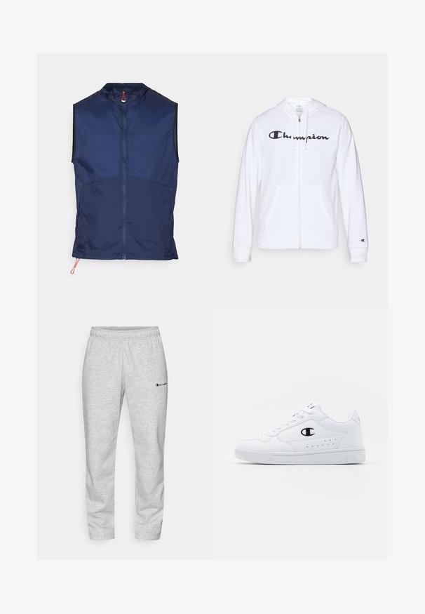 Tengerészkék ujjatlan mellény, könnyű anyagból készült, magas gallérral, teljes hosszúságú cipzárral az elején, és piros zsinóros díszítéssel az alján.; Fehér zipzáros kapucnis felső, puha anyagból készült, fekete "Champion" logóval a mellkasán, kenguruzsebekkel és bordás mandzsettákkal.; Fehér, pamutból készült folt nélküli póló, rövid ujjakkal és a bal melle részén elhelyezett, hímzett kis logóval. Puha tapintású.; Szürke pamut keverék sportnadrág, elasztikus derékpánttal, a bal lábon egy kis hímzett kék logóval.; Fehér sportcipők sima, szintetikus felsőrésszel, fekete logóval és perforált részletekkel az oldalon. Gumi talp.