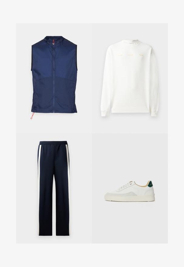 Navy mouwloze vest gemaakt van lichtgewicht stof, met een hoge kraag, een volledige ritssluiting aan de voorkant en rode koordaccenten aan de zoom.; Witte sweatshirt met ronde hals, lange mouwen en geribde manchetten. Heeft gouden bedrukte tekst over de borst: "HZW (25-26) HOLZWEILER THE SUN."; Navy sweatpants met een wijd beenontwerp, voorzien van verticale crèmekleurige strepen langs de zijkanten. Gemaakt van zachte, gestructureerde stof met een elastische tailleband.; Witte sneaker met suède accenten, ronde neus, platte veters en een crème rubberen zool. Bevat groene branding op de hiel.