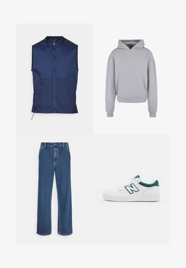 Tamsiai mėlynas rankovių neturintis liemenė pagaminta iš lengvos medžiagos, su aukštu apykakle, pilnu užtrauktuku priekyje ir raudonomis virvutėmis apatinėje dalyje.; Pilkas medvilnės džemperis su priekiu kišenėje, su raišteliu reguliuojama kapučiu ir megztomis rankogaliais bei apatine dalimi. Ypatybė - minkštas, tekstūruotas paviršius.; Mėlyni džinsai su tiesiu kirpimu, penkių kišenių dizainu, metaliniu sagatavu uždarymu ir matomomis siūlėmis palei siūles ir kraštus.; Balti sportiniai bateliai su žaliais akcentais, odinis viršus, perforuota kojų dalis, raištelių uždarymas ir tekstūruotas gumos padas. Savybėje yra ryškus "N" logotipas.