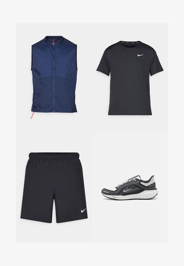 Gilet sans manches bleu marine en tissu léger, avec un col haut, une fermeture éclair sur toute la longueur à l'avant et des accents en cordon rouge au bas.; T-shirt de course noir Nike en matériau léger et respirant, avec des manches courtes et un petit logo blanc sur la poitrine.; Shorts de sport noirs en matériau léger avec une taille élastique. Présente un petit logo Nike blanc sur le bas du côté gauche.; Baskets de sport noires et grises avec un empeigne en maille, des accents réfléchissants et un intermédiaire blanc. Comprend une semelle extérieure en caoutchouc texturé et des lacets.
