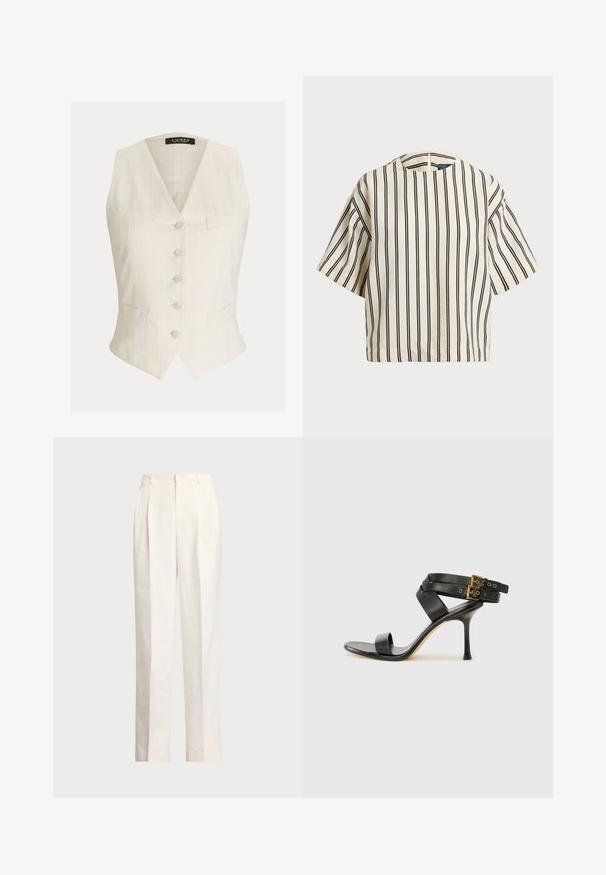 Bela pletena brezrokavnik z V-izrezom, petimi gumbi, dvema sprednjima žepoma in prilagojeno zasnovo. Ima subtilno teksturo in gladko tkanino.; Kratek rokav, prugast top v kremni in mornarsko modri barvi, z okroglim izrezom in kvadratnim dizajnom ter teksturirano tkanino.; Polo Ralph Lauren HEMP WIDE LEG PANT - Hlače - nevis; Črne sandale na peto z križnimi trakovi in prilagodljivo zaponko. Imajo gladko teksturo in zožen peto.