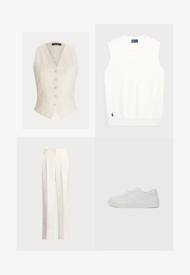 Λευκό πλεκτό γιλέκο με V-λαιμό, πέντε κουμπιά στο μπροστινό μέρος, δύο μπροστινές τσέπες και εφαρμοστή σχεδίαση. Έχει διακριτική υφή και λεία ύφανση.; Λευκό αμάνικο πουλόβερ από απαλό βαμβάκι, με ριμπ τελείωμα και μικρό ναυτικό λογότυπο στο κάτω αριστερό μέρος. Απλός σχεδιασμός, χωρίς μοτίβα.; Polo Ralph Lauren HEMP WIDE LEG PANT - Παντελόνι - nevis; Λευκά δερμάτινα sneakers με ίσια κορδόνια, στρογγυλή μύτη και διακριτές ραφές. Διαθέτει υφασμένη σόλα και ανάγλυφο λογότυπο στη φτέρνα.