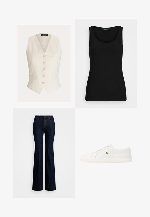 Bijela pletena prsluk s v-izrezom, zatvaranjem na pet dugmadi, dva prednja džepa i pripijenim dizajnom. Ima suptilnu teksturu i glatku tkaninu.; Crni rebrasti top bez rukava s zaobljenim izrezom, priljubljen oblikom i neprimjetnim rubovima. Tkanina je meka i rastezljiva. Na oznaci piše "LAUREN."; Visoke traperice sa širokim nogavicama u tamnom denimu s pet dugmadi u prednjem dijelu, kontrastnim žutim šavovima i glatkom teksturom.; Lauren Ralph Lauren JANSON II CANVAS SNEAKER - Tenisice - optic white