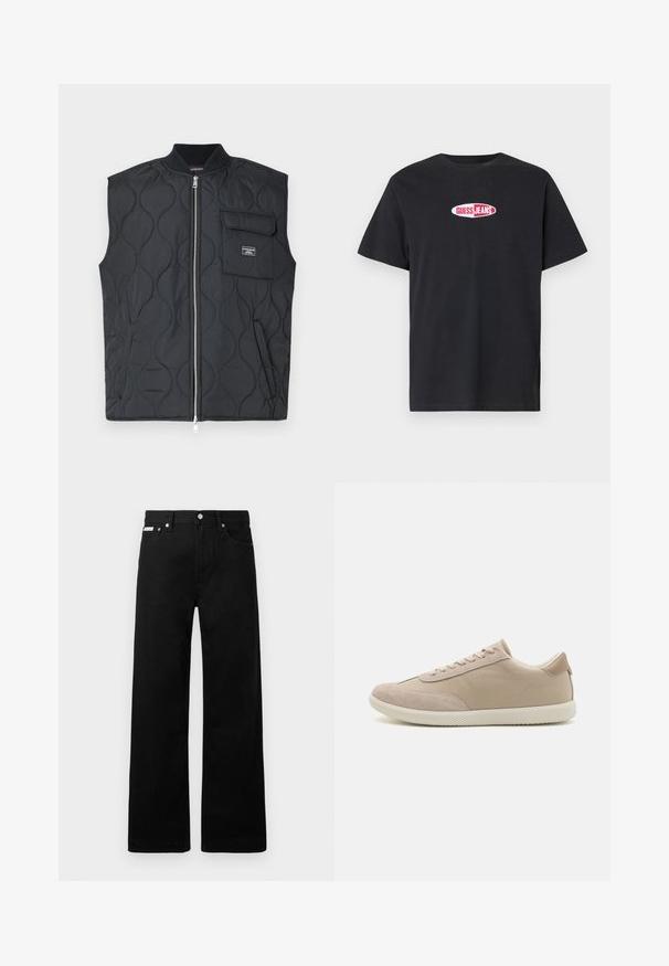 Juodas dygsniuotas liemenė su aukštu apykakliu, priekiniais užtrauktuku ir vienu krūtinės kišene. Kišenėje yra bangelių raštas ir firminis akcentas.; Juoda medvilninė trumpomis rankovėmis marškinėliai su balto ovalo formos logotipu, ant kurio raudonomis raidėmis parašyta „GUESS JEANS“ krūtinės srityje.; Juodos džinsinės kelnės su plačiu kojų dizainu, turinčios penkias kišenes ir metalinius sagčių akcentus. Lygus paviršius, be matomų raštų.; Šviesiai rudos sportbačiai, pagaminti iš zomšos ir kanvos medžiagų, su šnervėmis, apvaliu pirštu, tekstūruotu padu ir subtiliu prekės ženklu šone.