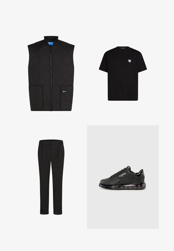 Juodas siuvinėtas be rankovių liemenė su užtrauktuku priekyje, apvaliu iškirpimu, dviem priekinėmis kišenėmis ir prekinio ženklo etikete apatiniame dešiniajame kampe.; Juodas medvilninis marškinėliai su trumpomis rankovėmis, apvaliu iškirpimu ir mažos baltos širdelės grafika kairėje krūtinės pusėje.; Juodi kelnių su elastinga juosmena, tiesaus kirpimo ir sukurtomis rankovėmis. Pagaminti iš lygaus, audinio be raštų.; Juodi sportiniai bateliai su lygiu odiniu apdailu, suapvalintu nosiu ir raištelių dizainu. Ypatybės apima skaidrų, paminkštintą pado su tamsiu gradientu.