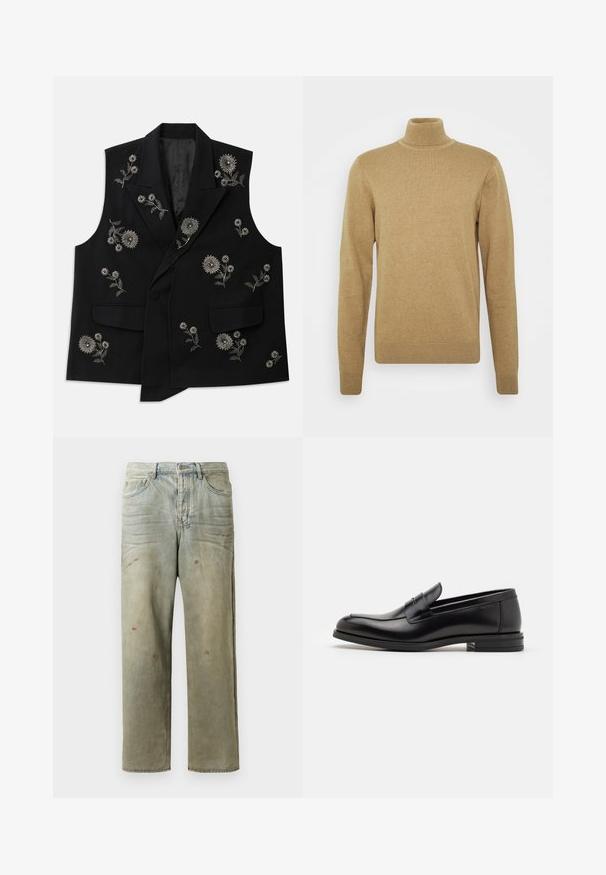Černá bezrukávová vesta s složitou stříbrnou květinovou výšivkou. Má dvě přední kapsy a jedno zapínání na knoflík.; Beige rolák vyrobený z měkké pleteniny. Má dlouhé rukávy a přiléhavý střih. Hlavními prvky jsou vroubkovaný lem a límec.; Odstřižené džíny v světle zelené barvě, se rovnými nohavicemi, pěti kapsami a nerovnoměrným vyblednutím s barevnými skvrnami.; Černé kožené polobotky s hladkou texturou, zaoblenou špičkou a zdobným páskem přes nárt. Nízký stohovaný podpatek, minimalistický design.