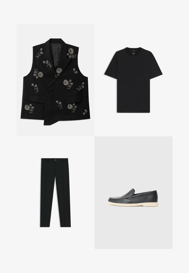Czarna bezrękawnik z misternym srebrnym haftem kwiatowym. Posiada dwie przednie kieszenie oraz zapięcie na jeden guzik.; Czarny t-shirt krótki rękaw wykonany z gładkiej mieszanki bawełny, z okrągłym dekoltem i minimalistycznym designem bez wzorów czy akcentów.; Czarne spodnie materiałowe z prostymi nogawkami, wykonane z gładkiego materiału. Posiadają zamek na guzik z przodu oraz szlufki na pasek. Gładkie, bez wzorów.; Czarne skórzane slip-ony w stylu loafers z teksturowanym wykończeniem i kontrastującą beżową gumową podeszwą. Posiadają delikatny akcent wzdłuż przodu.