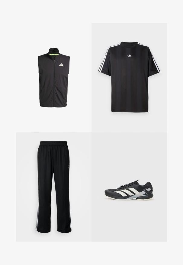 Czarna sportowa kamizelka z wysokim kołnierzem, zamek błyskawiczny z przodu i dwiema bocznymi kieszeniami. Posiada teksturowane wykończenie i białe logo na klatce piersiowej.; Czarna koszulka z krótkim rękawem z białymi, trzema paskami na ramionach oraz małym białym logotypem na klatce piersiowej. Gładka tekstura materiału.; Czarne sportowe spodnie z elastycznym paskiem w talii, z białymi paskami po bokach i małym logo. Materiał wydaje się miękki i lekki.; Czarne buty sportowe z białymi paskami, siateczkowa cholewka, zaokrąglony czubek i amortyzowana podeszwa. Posiadają teksturowany obcas i pewny system sznurowania.