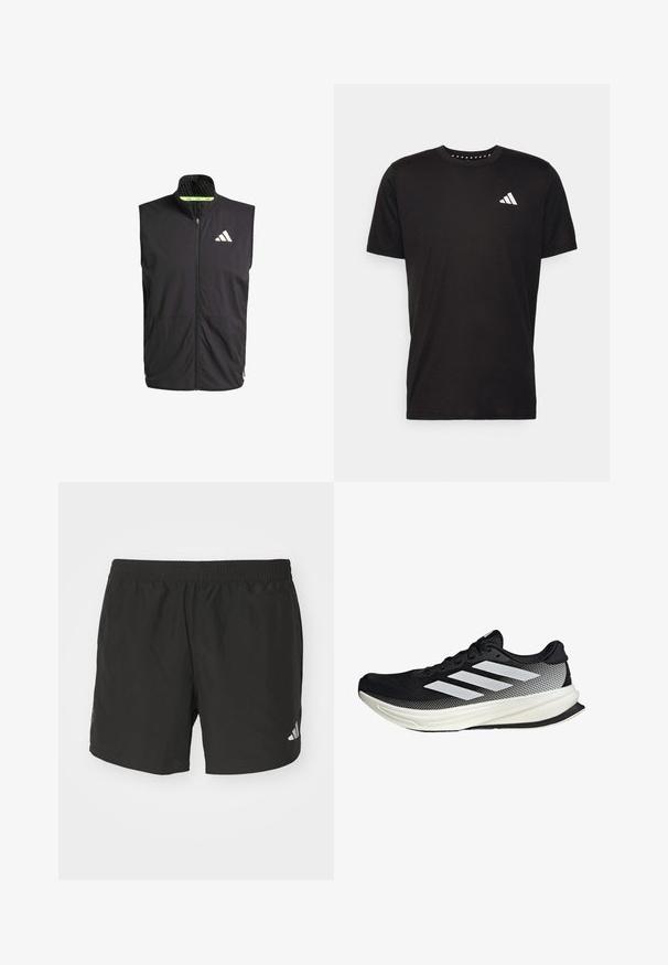 Chaleco atlético negro con cuello alto, cremallera frontal y dos bolsillos laterales. Cuenta con un forro texturizado y un logo blanco en el pecho.; Camiseta de algodón negra con mangas cortas, cuello redondo y un logo blanco en el lado izquierdo del pecho. Textura suave y diseño sencillo.; Pantalones cortos deportivos negros con cintura elástica, aberturas laterales y acentos de logo reflectantes. Hechos de una tela liviana y suave.; Zapato deportivo negro con un diseño de malla, que presenta rayas blancas, una puntera redondeada y una suela texturizada para agarre y soporte.