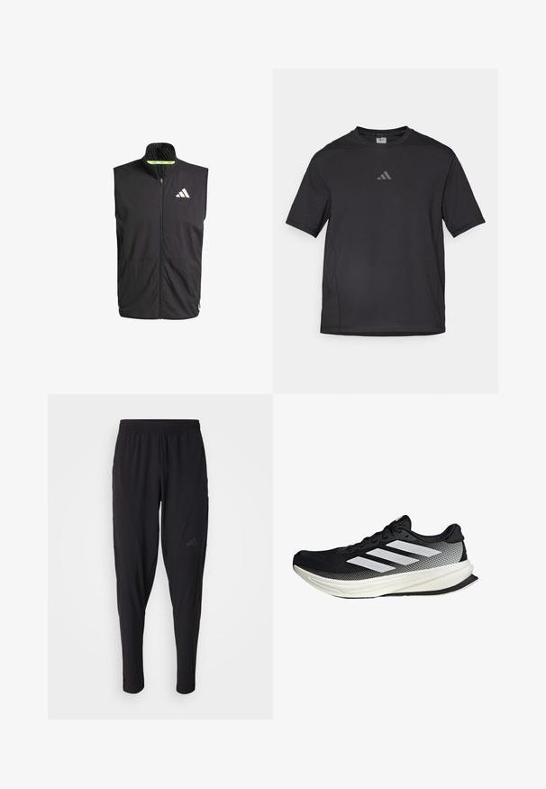 Schwarze Sportweste mit hohem Kragen, Frontreißverschluss und zwei Seitentaschen. Sie verfügt über ein strukturiertes Innenfutter und ein weißes Logo auf der Brust.; Schwarzes Sport-T-Shirt aus atmungsaktivem Material, mit kurzen Ärmeln, rundem Ausschnitt und einem reflexiven Logo auf der Brust.; Schwarze Sporthosen mit elastischem Bund, tailliertem Design, Seitentaschen und dezenten Logo-Details. Hergestellt aus flexiblem, atmungsaktivem Material.; Schwarzer Sportschuh mit einem Mesh-Design, ausgestattet mit weißen Streifen, einer runden Zehenpartie und einer strukturierten Sohle für Grip und Unterstützung.