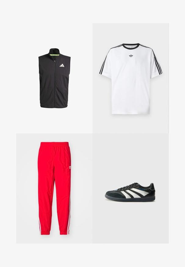 Zwarte sportieve vest met hoge kraag, rits aan de voorkant en twee zijzakken. Heeft een gestructureerde voering en een wit logo op de borst.; Witte T-shirt van katoen, met een zwarte ronde halslijn en drie zwarte strepen op elke schouder. Klein zwart logo op de borst.; Rode sportieve broek met een elastische tailleband, witte gestreepte accenten aan de zijkanten en een klein wit logo op de linker dij.; adidas Performance PREDATOR FREESTYLE JUDE INDOOR FOOTBALL SHOES - Zaalvoetbalschoenen - core black/silver-coloured/glory blue