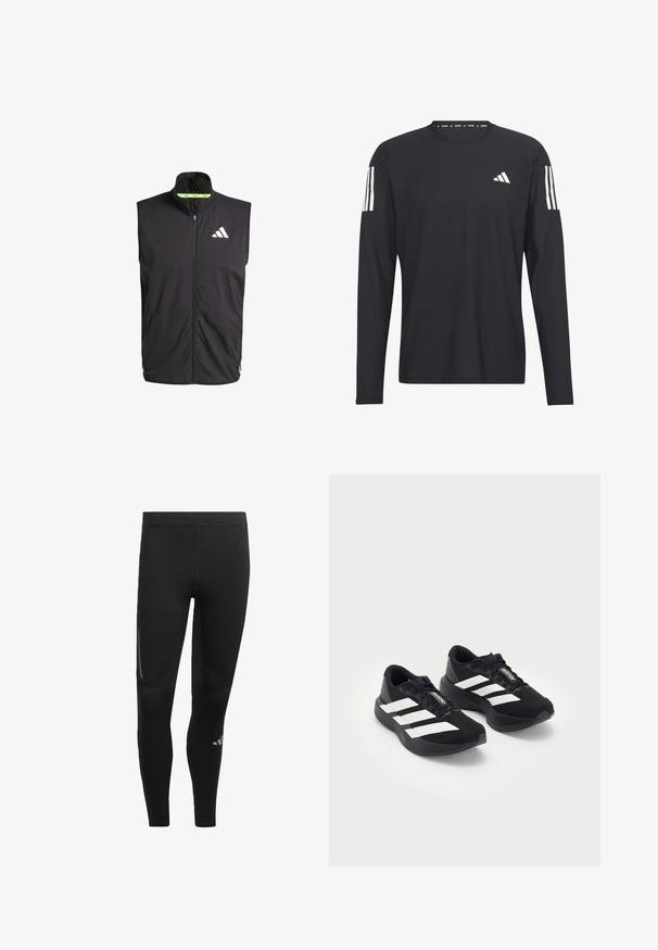 Black athletic vest with a high collar, front zipper, and two side pockets. Features a textured lining and a white logo on the chest.; Black long-sleeve shirt made of lightweight fabric featuring a round neck, textured surface, and white three-stripe logo on the sleeves.; Black athletic leggings made of stretchy material, featuring a high waistband, reflective accents, and a logo near the ankle. Smooth texture.; Pair of black Adidas Adizero running shoes with white stripes and laces on white background, positioned side by side.