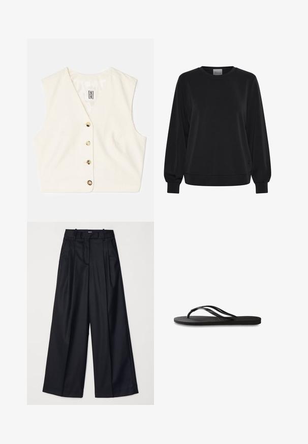 Vest fără mâneci, de culoare crem, cu țesătură texturată, decolteu în V și cinci nasturi în față de culori contrastante. Etichetă cusută în interior.; Hanorac negru cu mâneci lungi, guler rotund și manșete ribbate. Prezintă o textură netedă și un detaliu subtil al logo-ului în față.; Pantaloni negri cu picioare late, confecționați dintr-un material neted, având talie înaltă, plii și un design croitorie. Accesorii simple negre la talie.; Încălțăminte tip flip-flop neagră cu o talpă din cauciuc texturat, două bretele subțiri și un detaliu discret, embosat cu logo pe bretea.