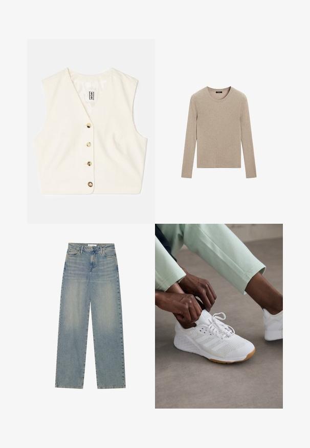 Cream-colored sleeveless vest with a textured fabric, V-neckline, and five front buttons in contrasting colors. Label sewn inside.; Massimo Dutti RIBBED CREW NECK - Jumper - LIGHT BROWN; Light blue high-waist straight-leg denim jeans with front pockets, belt loops, and visible button and zipper closure.; White athletic shoe with a mesh upper, rubber sole, and three stripe design. Laces are being adjusted; light gray and mint green clothing visible.